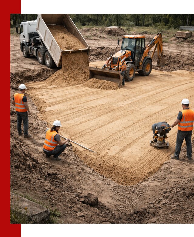 Устройство песчаной подушки для фундаментов и дорог в ельце